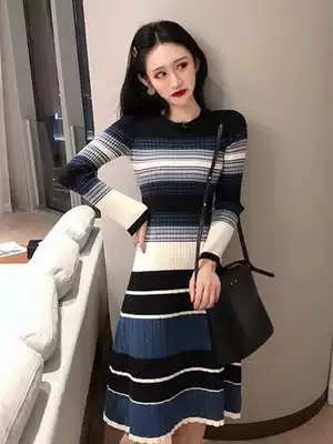 2021 autumn and winter New stripes slim slim slim long sleeve base sweater long skirt women's bag hip knee knitted dress