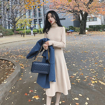  Knitted dress womens autumn and winter high cold fan retro small fresh thin mid-length section with knee-length sweater bottoming skirt