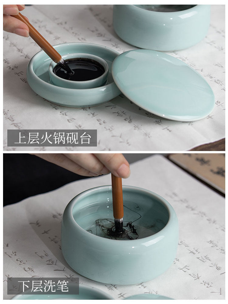Celadon Inkstone for Calligraphy, Special Inkstone for Practicing Calligraphy, Ink Dish for Holding Ink, Ink Box with Lid, Double-Ring to Prevent Ink Drying, Creative Ceramic Inkstone, Pen Washer, Pen Licking Bowl, Calligraphy and Chinese Painting Supplies, Study Room Decoration