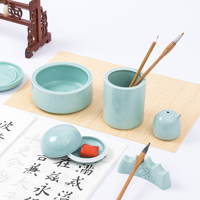Imperial Porcelain Six-Piece Study Set: Four Treasures of the Study Porcelain Gift Box Set, Study Decorations, Chinese Painting Brush Holder, Pen Rest, Ink Pad Box, Inkstone, Water Drop Ink Dish, Porcelain Gift, Six-Piece Porcelain Set