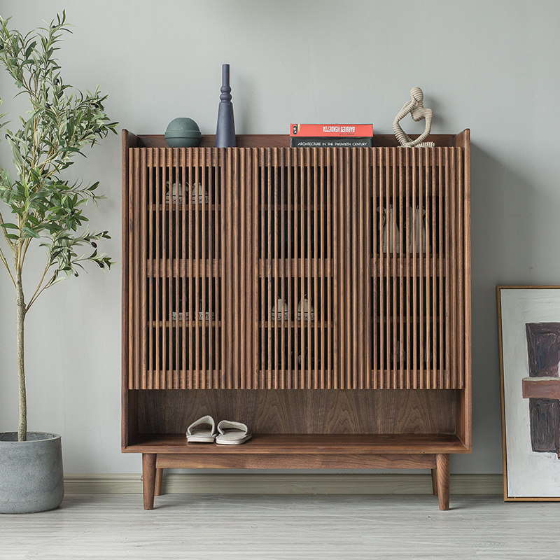 Nordic Black Walnut Wood Modern Minimalist Grille Breathable Shoe Cabinet Pure Solid Wood Daily Style Home Entrance Door Xuan Cabinet Partition