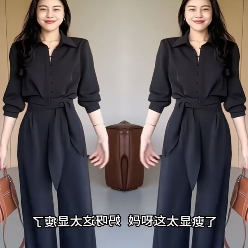 Spring Ootd Outfit Complete Set for Women, Black High-End Shirt and High-Waisted Wide-Leg Pants Two-Piece Set