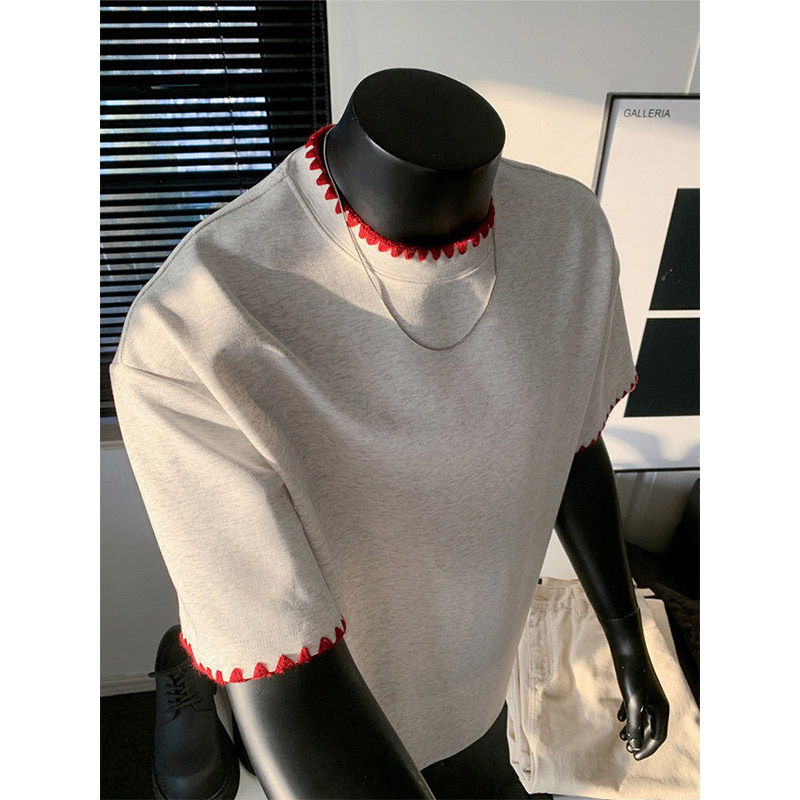 Black Lace-Trimmed Contrast Color Regular Shoulder Short-Sleeve T-Shirt for Men, Summer Inner Wear, Small Neckline Half-Sleeve Top