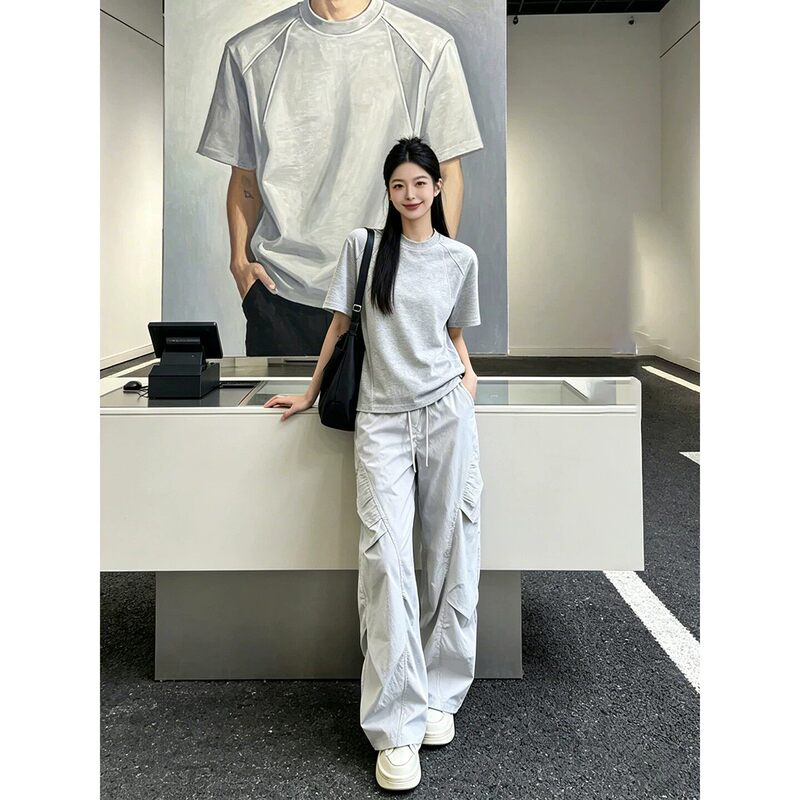 White and Gray Ice Silk Quick-Drying Diagonal Double-Stitched Pants for Men and Women, Thin Pleated Paratrooper Cargo Pants with a High-End Feel, Sports Pants