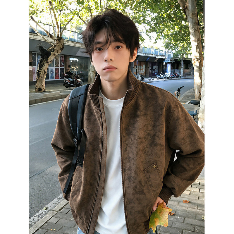 Tie-Dye Coffee-Colored Leather Flight Jacket for Men, Short Silhouette Biker Baseball Jacket with Stand Collar, Autumn American Style Tie-Dye Coffee-Colored Leather Flight Jacket for Men, Short Silhouette Biker Baseball Jacket with Stand Collar, Autumn American Style