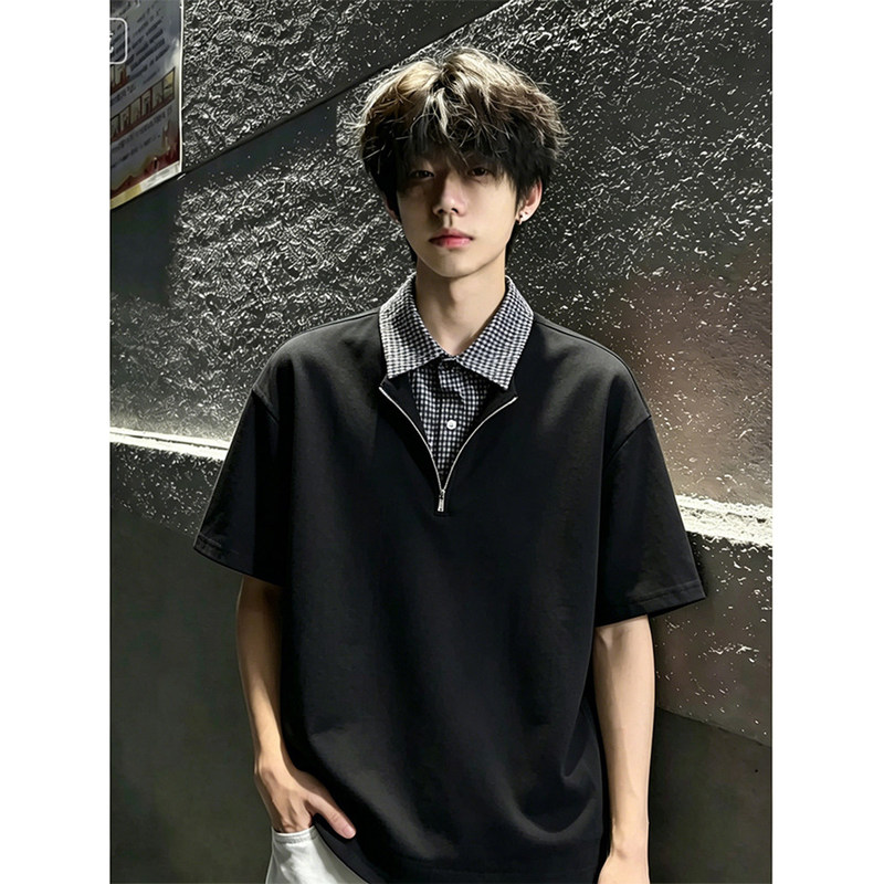 Fake Two-Piece American-Style Short-Sleeve Polo Shirt for Men, Summer Patchwork Shirt Collar T-Shirt, Cleanfit Zipper Half-Sleeve