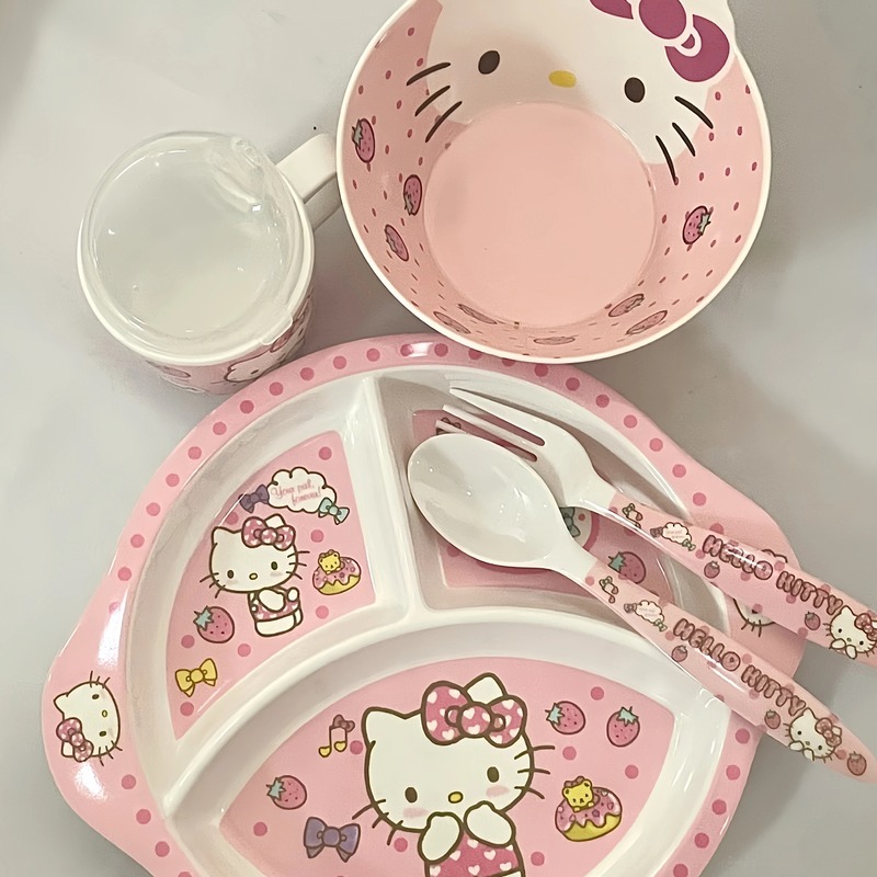 Cute Kitty Tableware Set, Melamine Divided Plates for Adults and Children, Beautiful Breakfast Plates for One Person, Western-Style Dishes