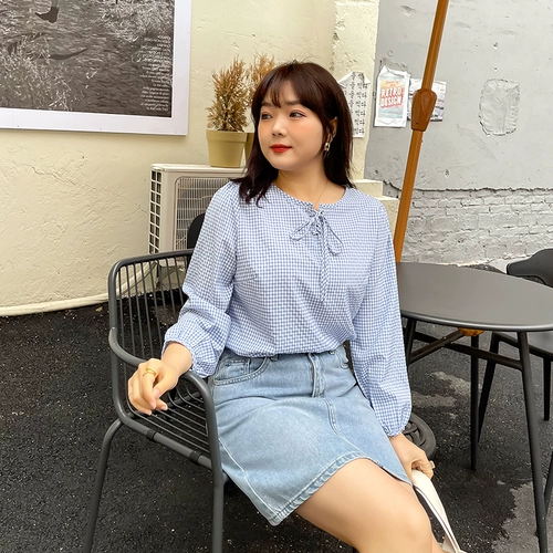 Осенняя свежая рубашка с бантиком, подходит для полных девушек, большой размер, в западном стиле