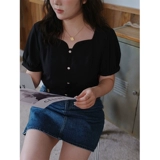 Рубашка, летняя одежда, футболка, французский стиль, квадратный вырез, по фигуре, рукава фонарики