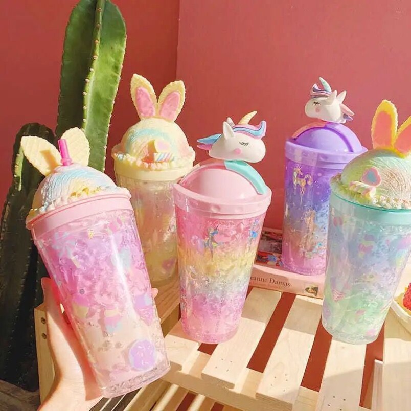 Summer Crushed Ice Cup Teenage Girl Unicorn Paparazzi Ice Cup Double Layer Refrigeration Cute Plastic Straw Cup Creative Water Mug