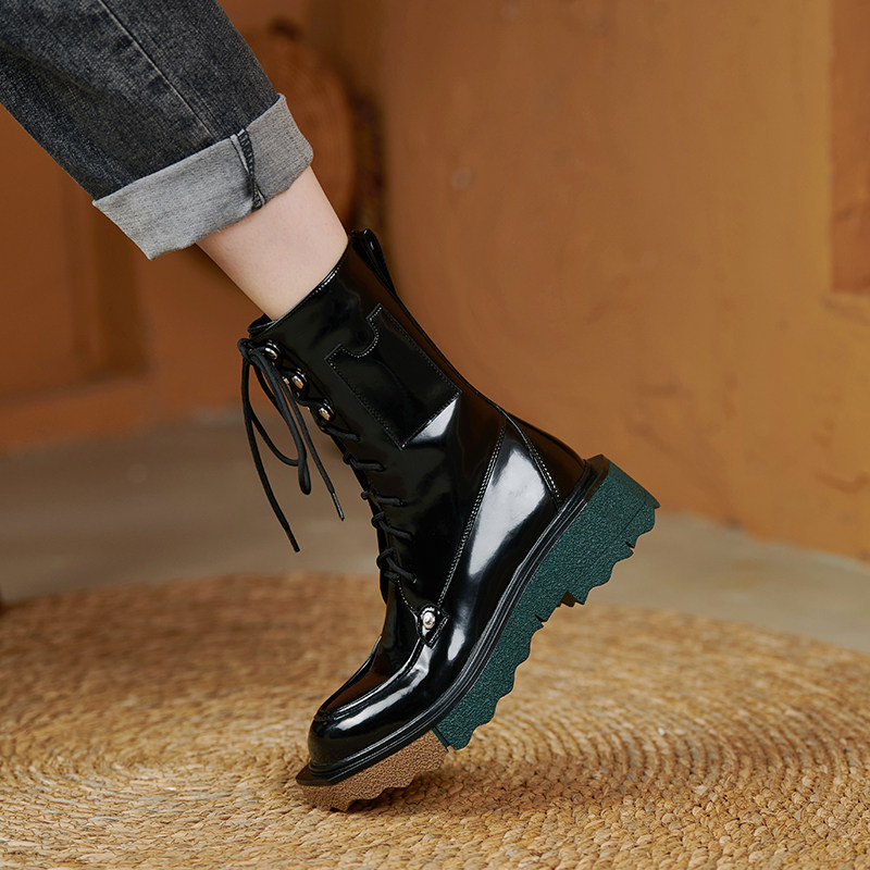 GANAIER niche design ~ retro Martin boots female thick bottom strap 100 hitch genuine leather heel short boots 4 5CM