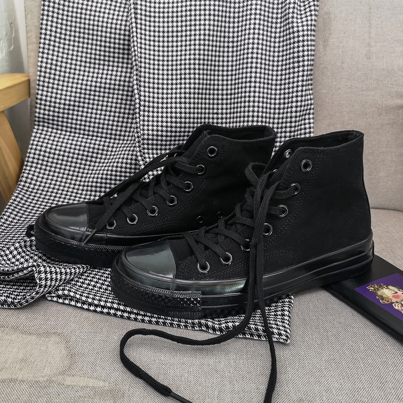 Pure Black High-Top Unisex Couple Style Versatile Casual Flat Breathable 2023 Spring New Canvas Shoes
