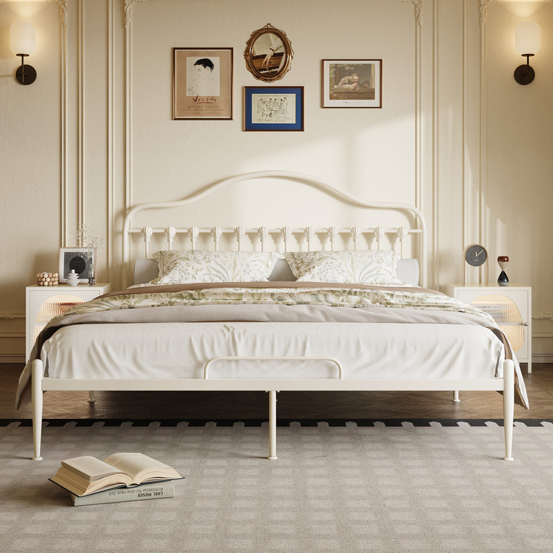 French-Style Wrought Iron Bed, Double, Simple, Home-Use, Mid-Century Style, Bedroom Iron Bed, 1.5m Single, Children's Cream-Style Iron Frame Bed