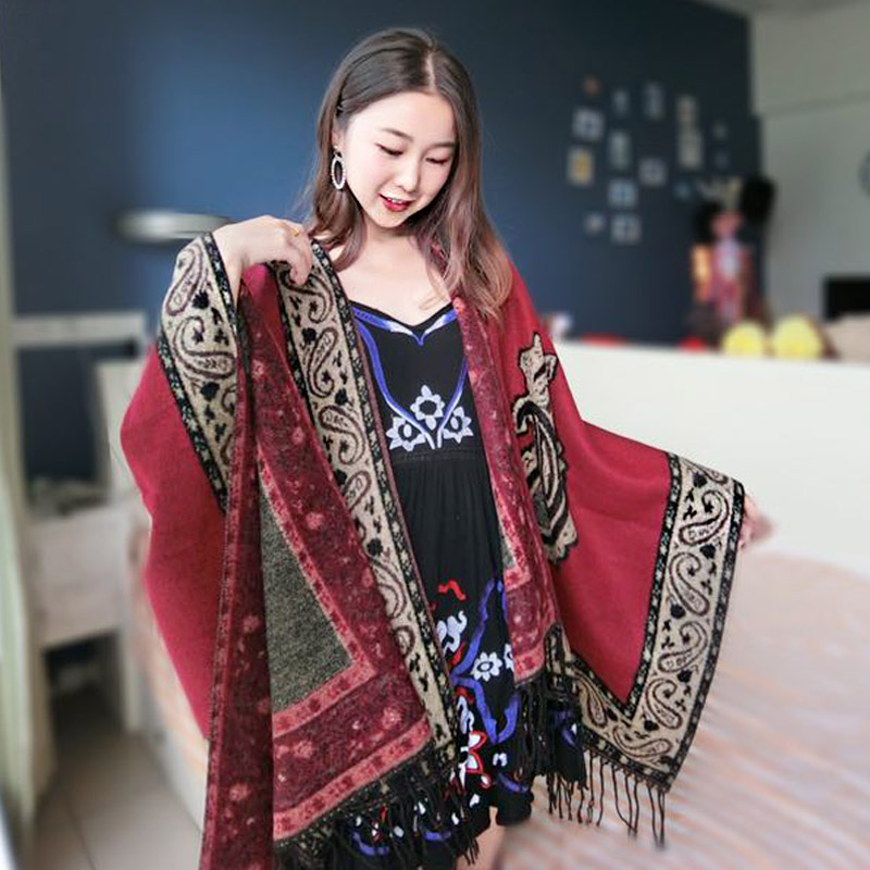 Tibet Qinghai Tourism Ethnic Wind Cape Autumn Winter Thickened Imitation Cashmere Cloak Air Conditioning Cloak shoulder scarf Dual-use female