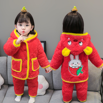 Girl Pyjamas Winter Thickened three layers clip cotton baby Home Clothing Winter Plus Suede Children Flannel Suede Suit Children