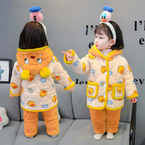 Girl Pyjamas Winter Thickened three layers clip cotton Childrens home Clothing Winter Plus Suede Baby Flannel Suit Princess