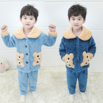 Child Coral Suede Pyjamas Boy Autumn Winter Flannel Triple Clip Cotton Home Clothing Male Baby Winter Suit Thickened