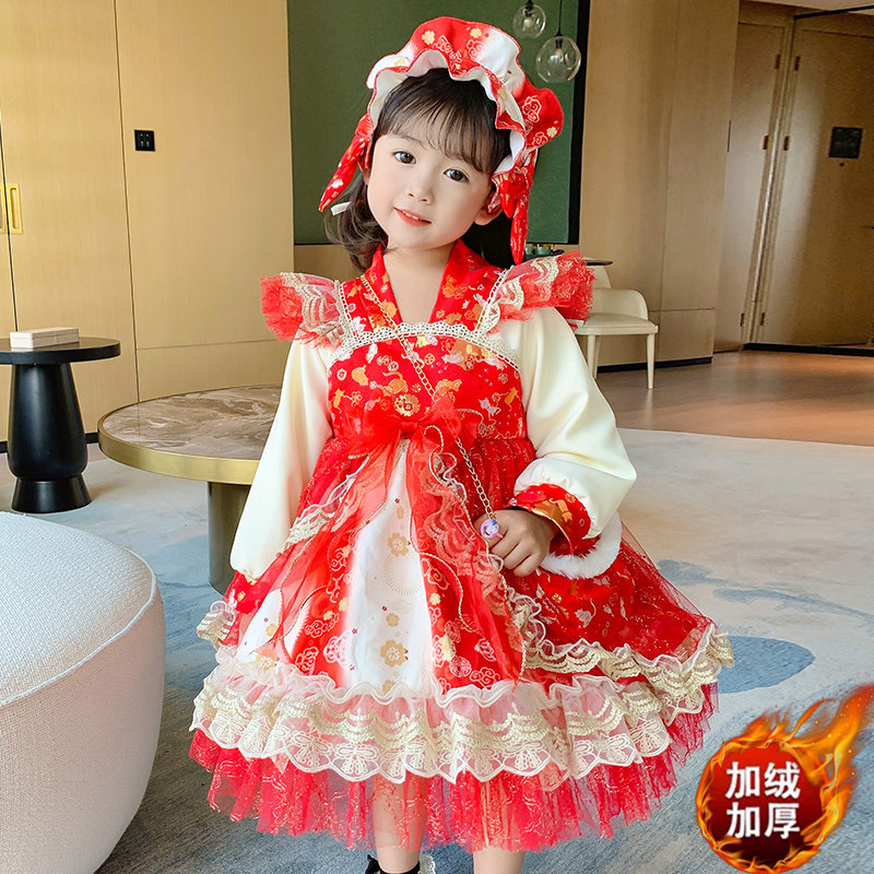 Roleita girl's dress for autumn and winter thickened children's dresses winter style plus suede baby princess nepotism dress