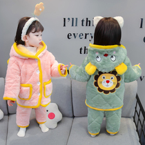 Girl Pyjamas Winter Thickened three layers clip cotton Childrens home Clothing Winter Plus Suede Childrens Flannel Suede Suit