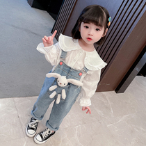 Girl Denim Back Belt Pants Suit Spring Dress 2022 New Children Spring Autumn Net Red two sets of baby Han version Ocean Gas