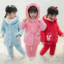 Girl Pyjamas Winter Thickened Warm Children Triple laminated cotton Home Clothing Winter Womens Baby Flannel Suede Suit