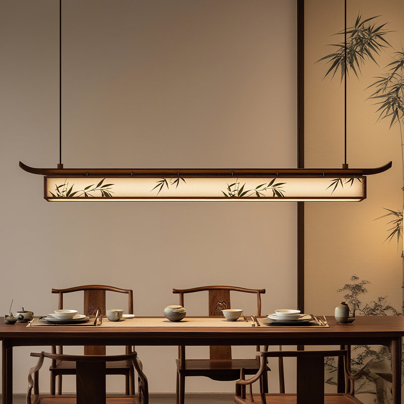 Sung Dynasty Aesthetic Mid-Century Style Restaurant Pendant Light, Long Strip Bar Island Lamp, Minimalist Solid Wood Fabric Tea Room Pendant Light Yy