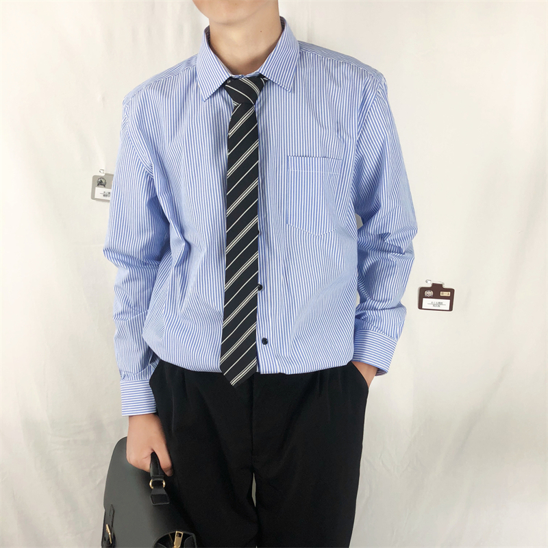 Free Tie Included: Blue Striped Long-Sleeve Men's Shirt, Spring Season, Loose Casual Shirt, Japanese Style, Hong Kong Style, Cool and Stylish Jacket