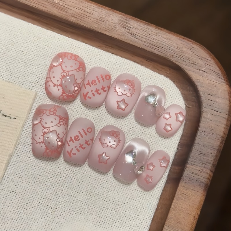 【Frosted Powder Kitty】Handmade Wearable Nails Pink Hello Kitty Cat Eye Frosted Girly Nail Art