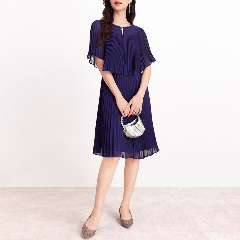 Counter 3287【Ke】Elegant Pleated Mesh Solid Color Waist-Cinching Dress Brand Discount 26 Summer Long Dress for Women