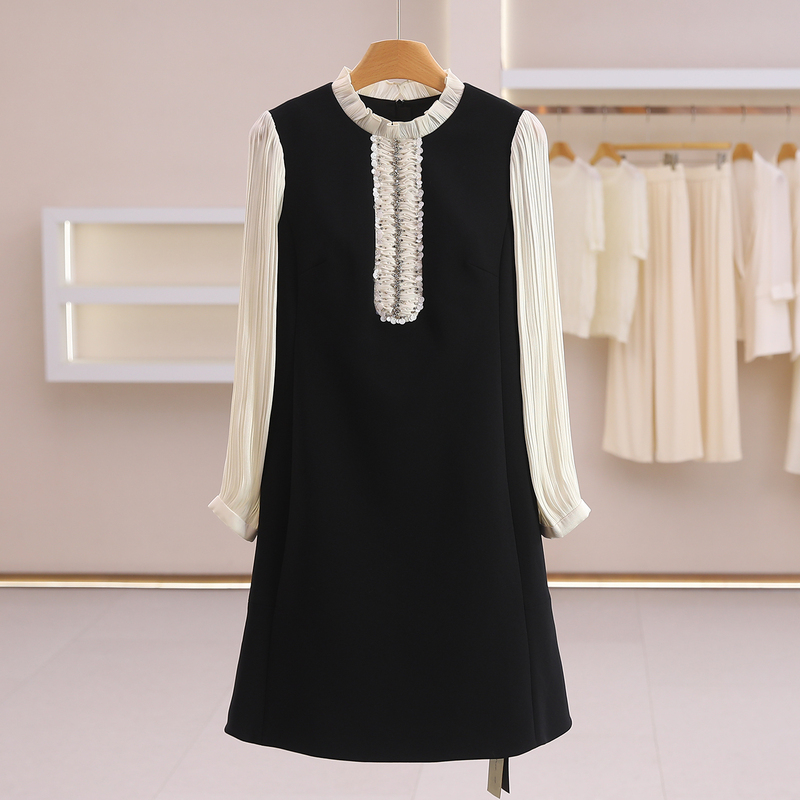 Counter 5890【Pull】 Beaded Rhinestone Patchwork Long-Sleeve Slim-Fit Dress, Mall Brand, Autumn 26 Dress for Women