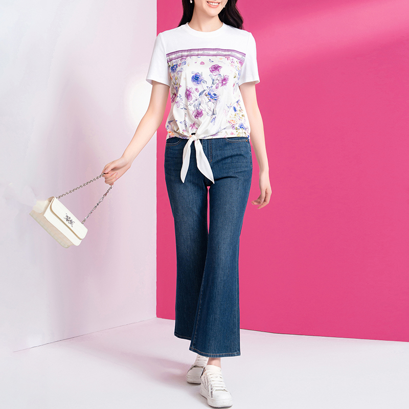 Exclusive 1687【Ko】Elegant Floral Pattern Tie-Up Hem Short-Sleeve T-Shirt Fangcaofenfei Women's Summer Top 26