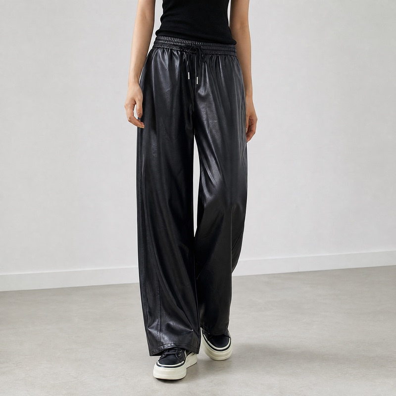 669【M】Elegant Loose Leather Pants with Elastic Waist, Straight-Leg Casual Pants, Brand Discount, Autumn Women's Fashion