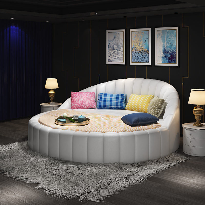 Round bed Double Bed Outdoor Leather Themed Hotel Modern minimalist Master Bedroom Red Princess Deluxe Circular Bed