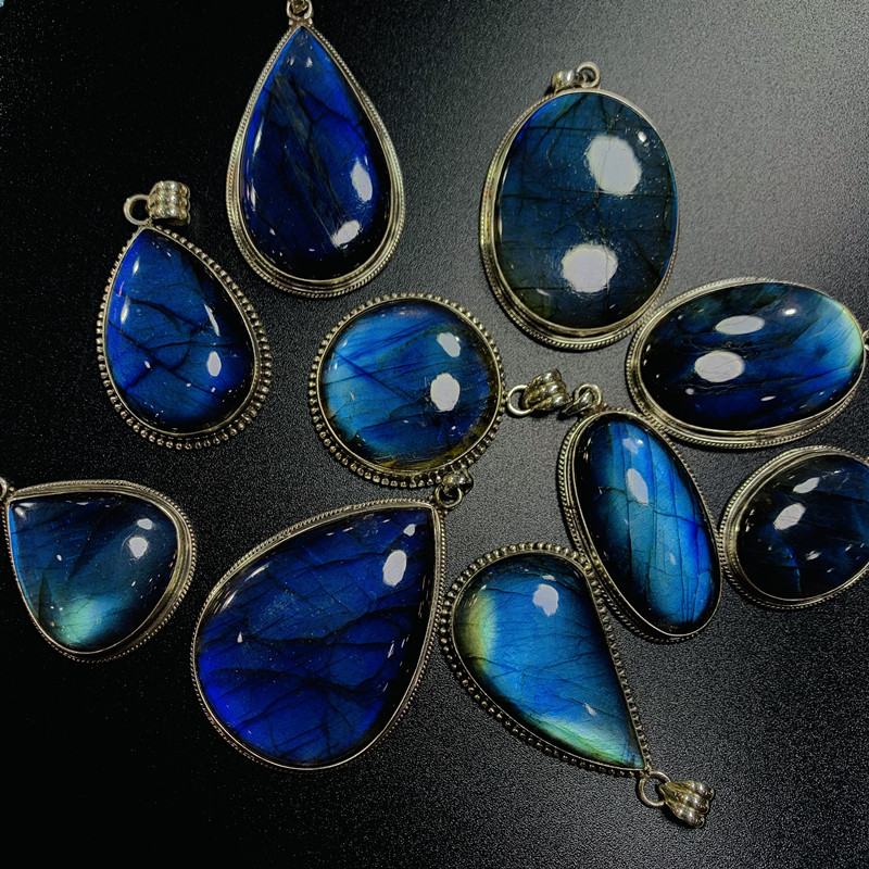 (soloni) Nepal pure handmade 925 silver inlaid with natural colorful gems lafeldspar simple pendants