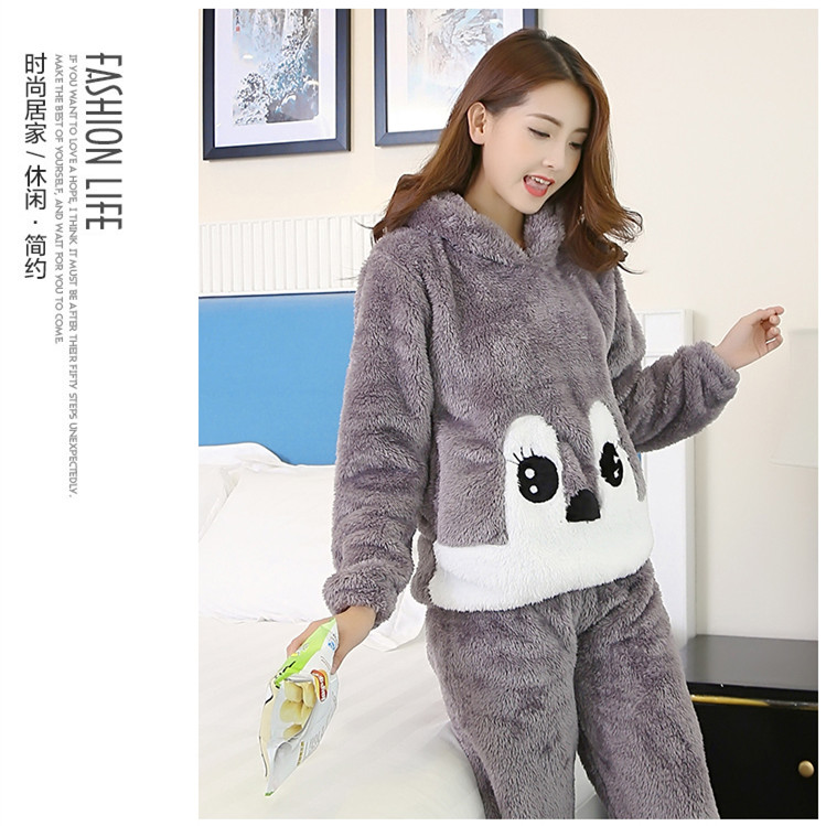 Mùa đông san hô nhung bạn gái đồ ngủ phụ nữ trùm đầu trùm đầu trùm đầu siêu dễ thương chị em thiết lập siêu dày sang trọng dịch vụ nhà đồ bộ quần ống rộng mặc nhà