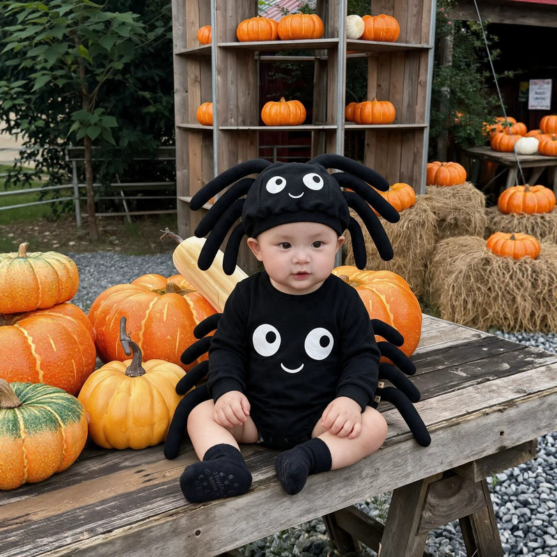 Korean Version 26 New Style Baby Boys and Girls Romper Halloween Cute Spider Little Devil Jumpsuit Long-Sleeve Set