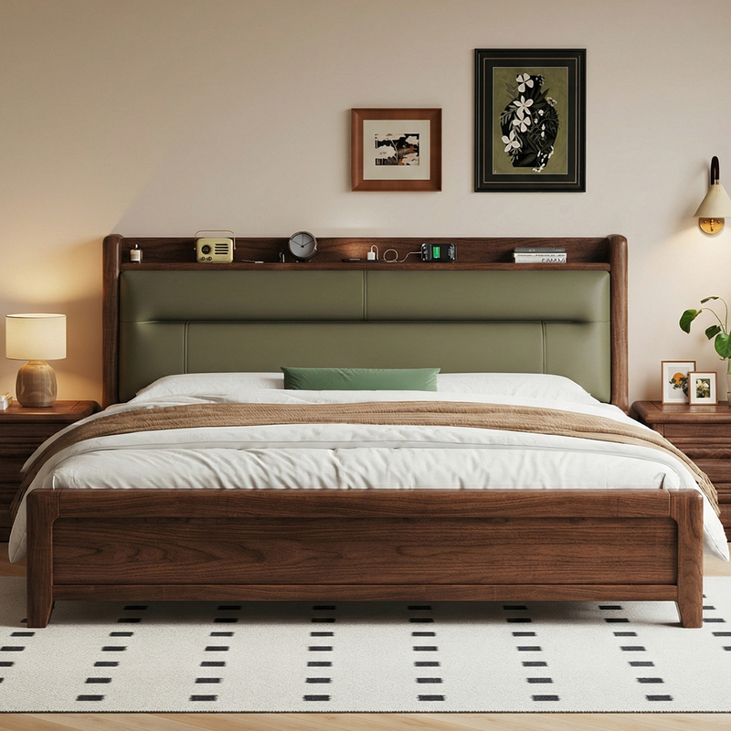Walnut Solid Wood Bed, New Chinese Style Large Bed, Genuine Leather Upholstered Bed, 1.8m Double Beds, High-End Master Bedroom Bed from Foshan, Guangdong