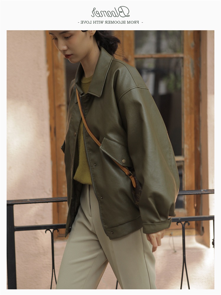 2022 spring new Korean version loose and thin pu leather jacket women's jacket short flight jacket student