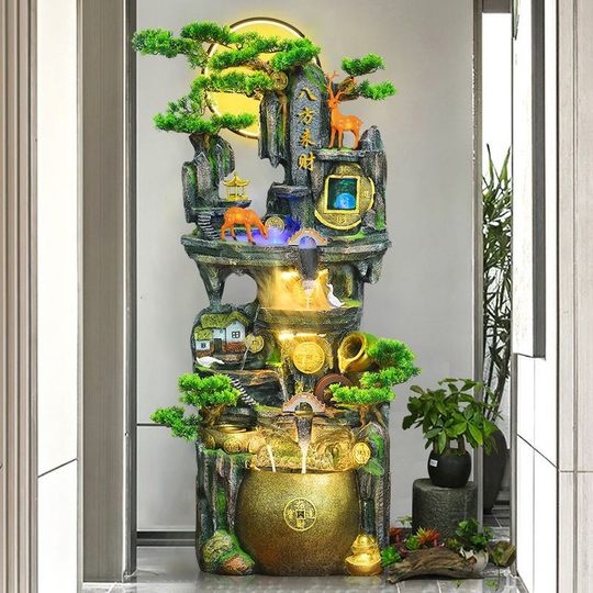 大型落地假山流水喷泉摆件客厅生财装饰加湿器风水轮高山循环水景