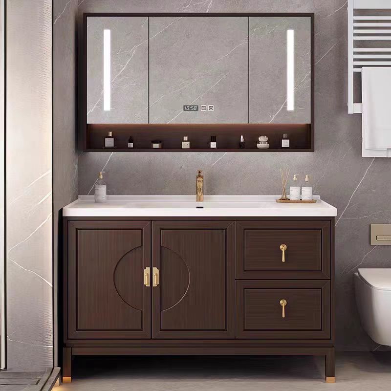 New Chinese-Style Solid Wood Bathroom Cabinet Set with Integrated Ceramic Basin, Smart Mirror Cabinet, and Floor-Standing Storage Cabinet
