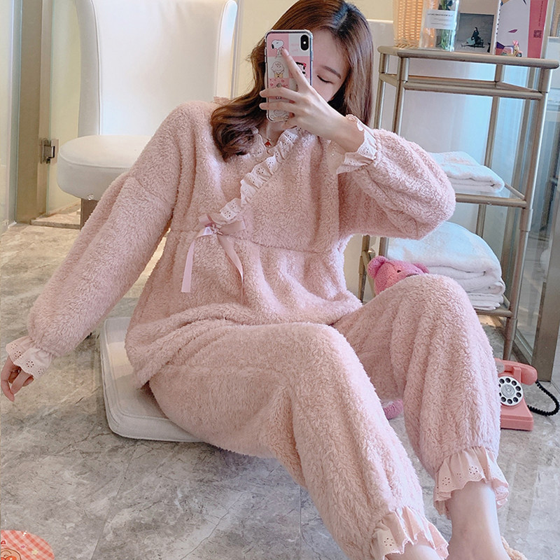 Lunar Subsuit Autumn Winter Postnatal Breastfeeding Pregnant Pregnant Pregnant Woman Pyjamas pyjamas Coral Suede Plus Suede Thickened laces Home Clothing Home Clothing