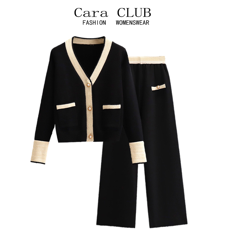 Cara Club Plus-Size Knitted Jacket and Wide-Leg Pants Set for Women, Spring Fashion, Slimming, Salt-Style, Mature Two-Piece Set