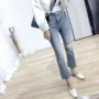 Quần jeans rách nữ mùa thu 2018 mới sinh viên retro Hồng Kông hương vị chic gió lửng cao eo quần thẳng ống quần thủy triều quần bò nữ