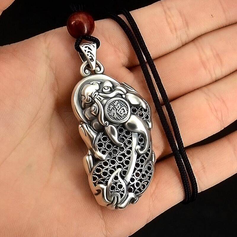 S999 pure silver Merchants Pendant Men Women's Money Chain Pendant Foot Silver Hollowed-out Leather Chew Ancient Farin Silver Pendant