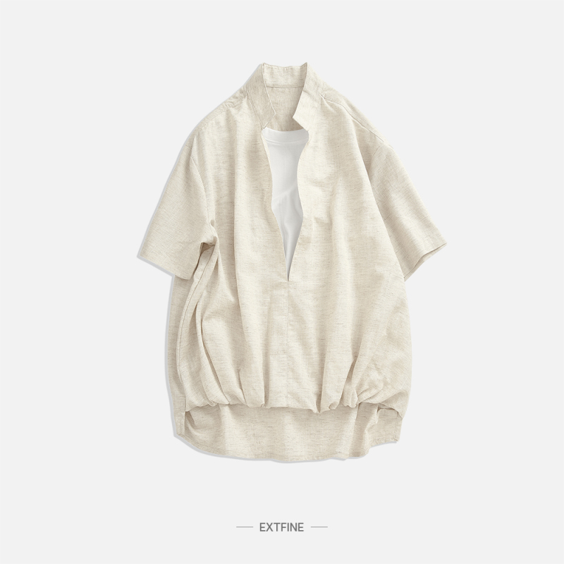 Extfine Japanese Style Vintage Texture Stand Collar Faux Two-Piece Linen Short-Sleeve Shirt for Men, Summer Loose Breathable Top Extfine Japanese Style Vintage Texture Stand Collar Faux Two-Piece Linen Short-Sleeve Shirt for Men, Summer Loose Breathable Top