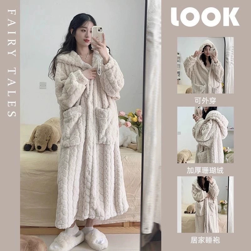 Sweet Coral Velvet Nightgown for Women in Spring, Autumn and Winter, Long Thickeneded Warm Hooded Lazy Bathrobe, Pajamas and Home Clothes