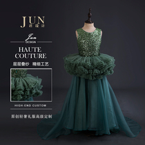 Jun design Childrens dark green evening dress noble girl long tail show piano performance princess dress