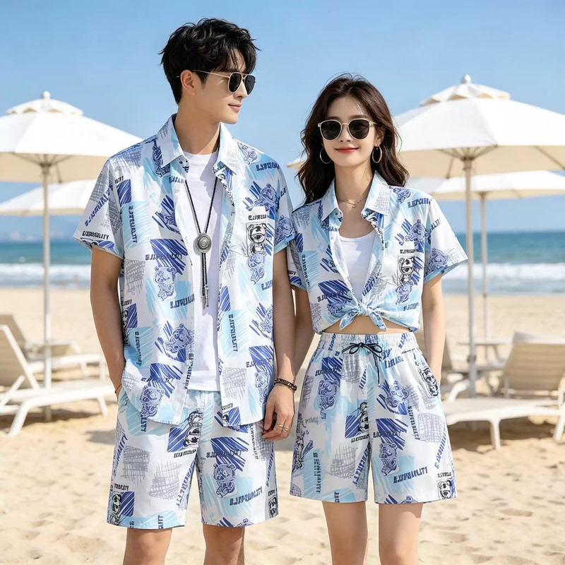 Beach and Seaside Couple Outfits 2026 Summer Men's and Women's Hawaiian Floral Shirt Jacket Short-Sleeved Loose Shirt Suit