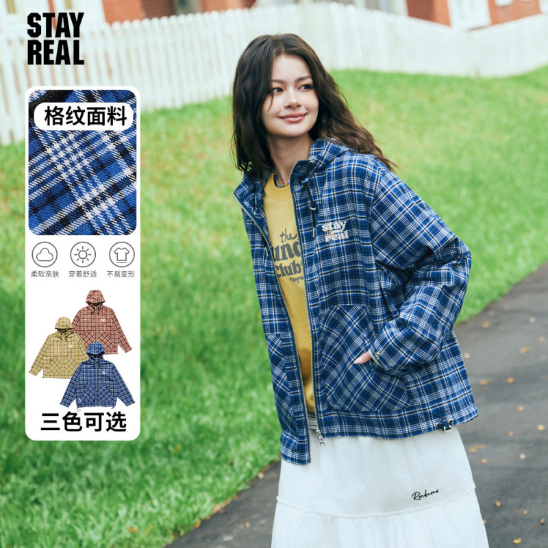 Stayreal Trendy Brand Sunday Club Plaid Hooded Jacket Unisex Casual Simple Jacket for Men and Women