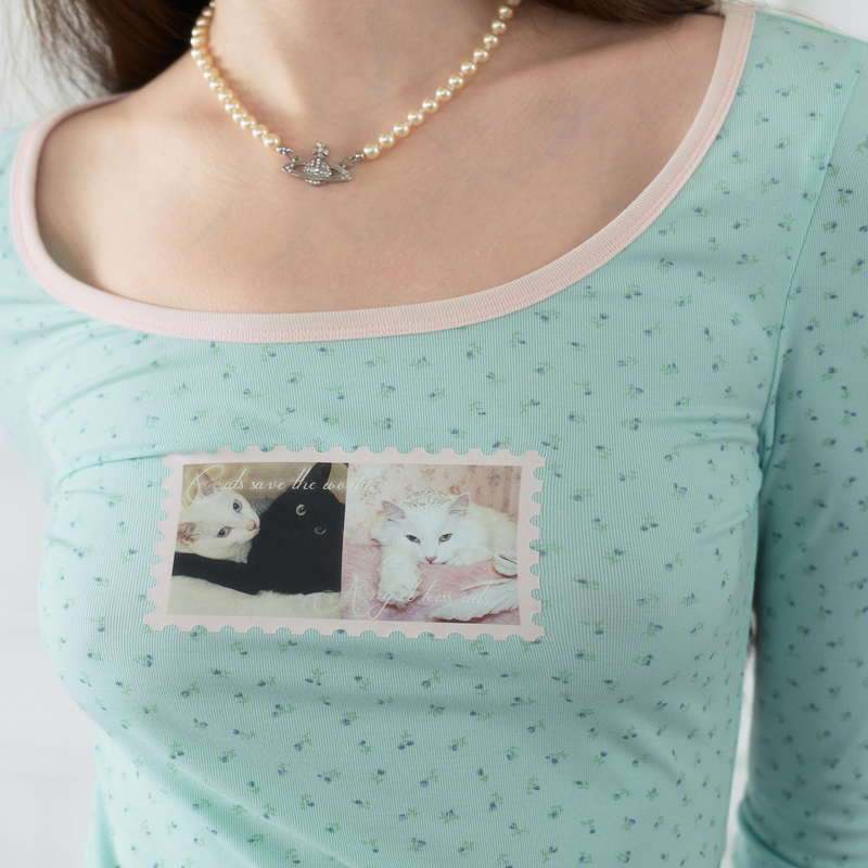 Yawhat Mint Green Floral Kitten Print Long-Sleeve T-Shirt for Women, Color-Blocked Thin Tencel Top for Layering Yawhat Mint Green Floral Kitten Print Long-Sleeve T-Shirt for Women, Color-Blocked Thin Tencel Top for Layering